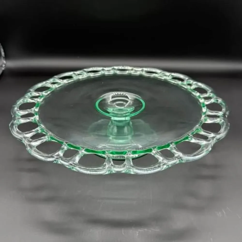 Vintage Westmoreland Doric Lace Green Manganese Glass Cake Stand 11.5” UV Glow